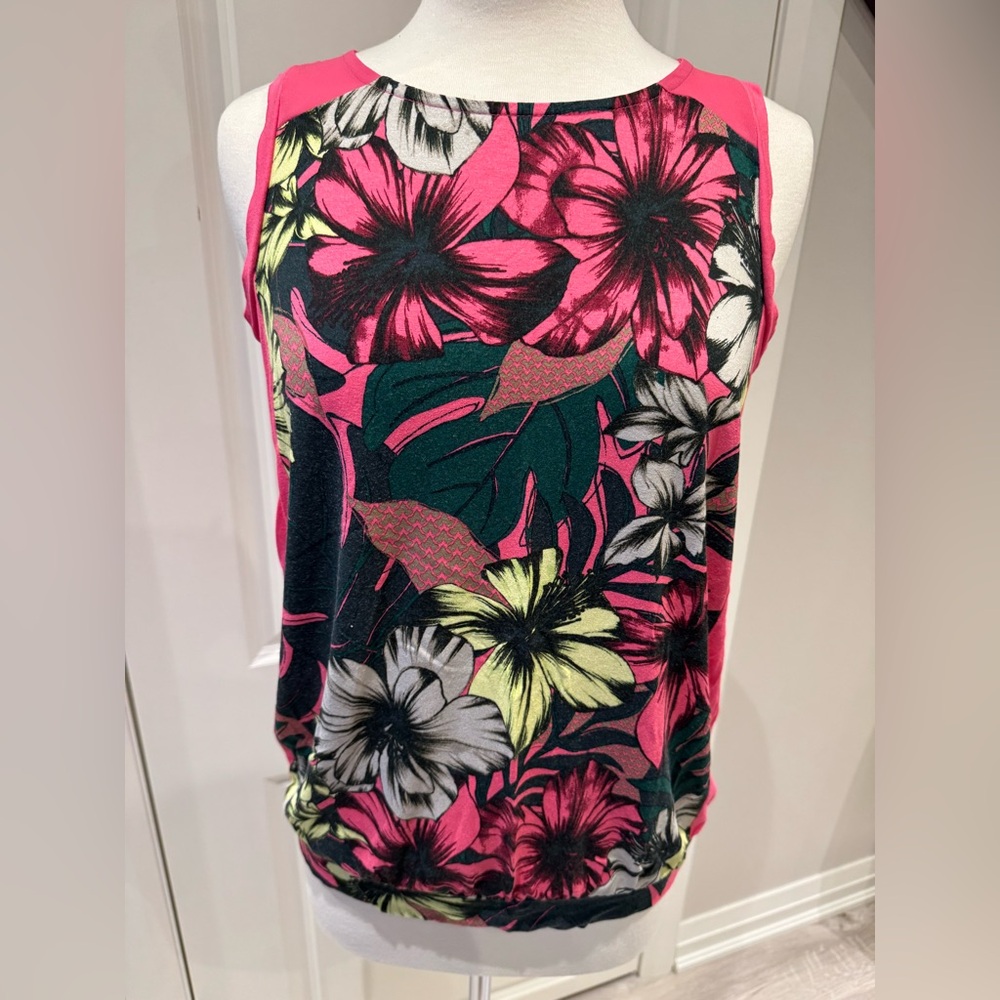 Next Pink and Black Sleeveless Tank Top with Tropical Floral Design
